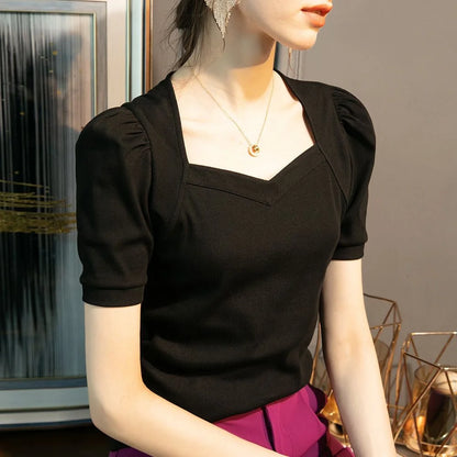 Slim Puff Sleeve Blouse with Square Collar