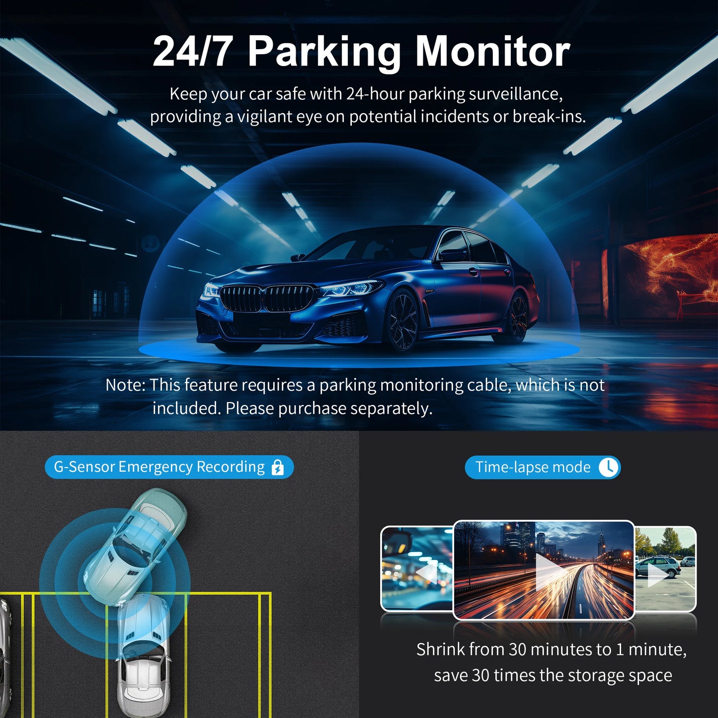 Caméra embarquée D6 1440P avec commande vocale - Vision nocturne et mode stationnement 24h/24