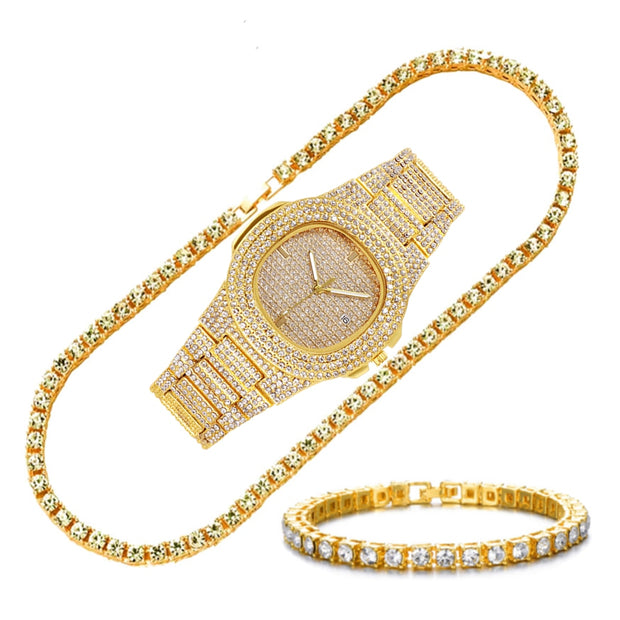 Luxury Iced Out Watch & Bling Jewelry Set