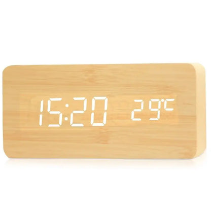 Voice Control Wooden LED Alarm Clock - USB/AAA Powered