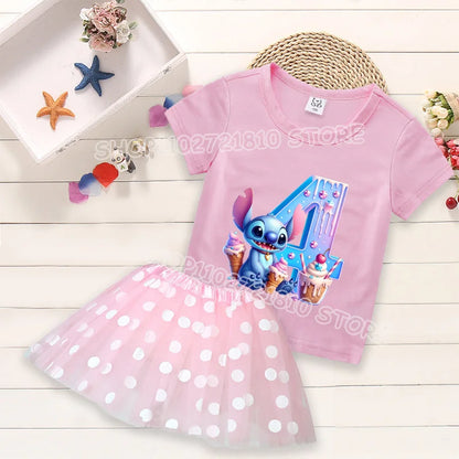 Kid's 2 Pcs Cartoon Number Print Round Neck T-shirt Dress