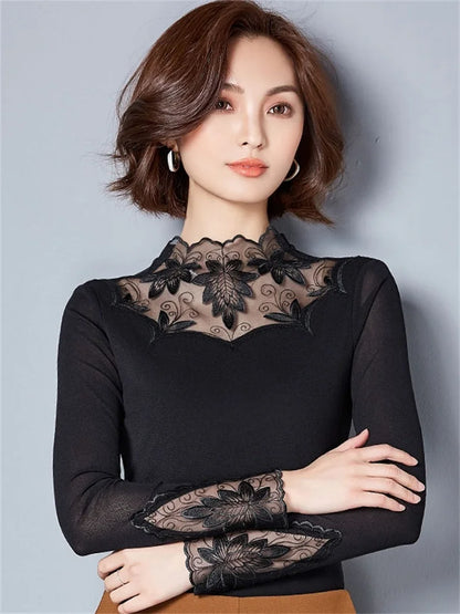 Casual Long Sleeve Lace Blouses with Turtleneck