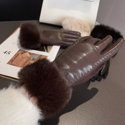 Women's PU Leather Winter Gloves - Warm Faux Fur Trim with Thermal Lining