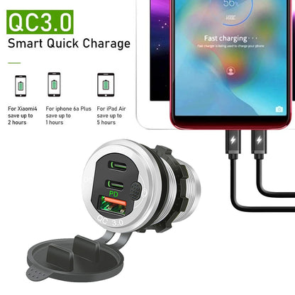 115W Car Charger with QC3.0, PD, Voltmeter, USB Ports