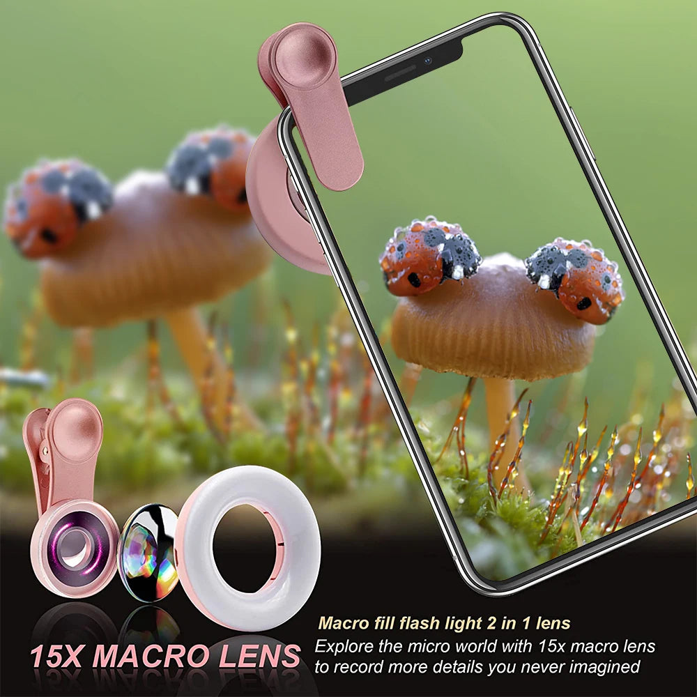 Mobile Lens -15X Macro Lens with LED Ring Flash Light - 2 in 1 HD Camera Lens for Smartphone Selfie Live Lamp Fill Light