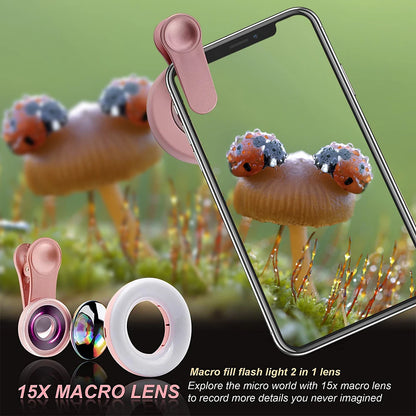 Objectif Mobile-objectif Macro 15X avec anneau lumineux LED-objectif de caméra HD 2 en 1 pour Smartphone Selfie lampe en direct lumière de remplissage