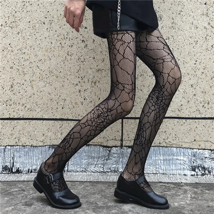 Gothic Netzstrumpfhose mit Spinnennetz - Schwarze Seide