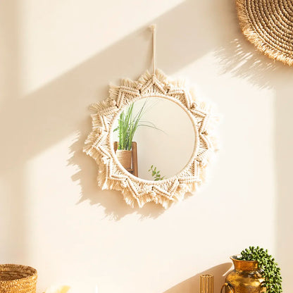 Miroir mural rond en macramé Boho