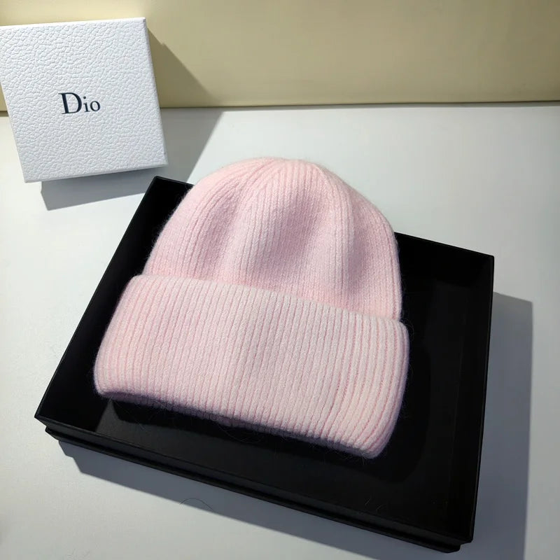 Women's Winter Knitted Beanie - Warm Cashmere Wool & Rabbit Fur Ski Hat