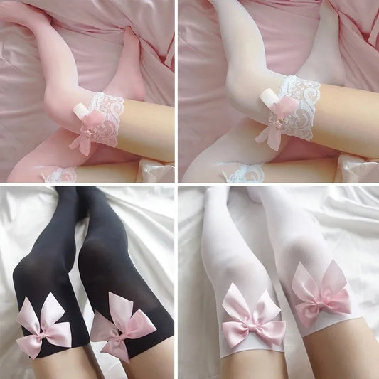 Sweet Lace Thigh-High Stockings with Pink Bow