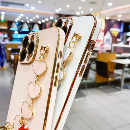 Fashion Plating Love Heart Bracelet Chain Case For iPhone 15