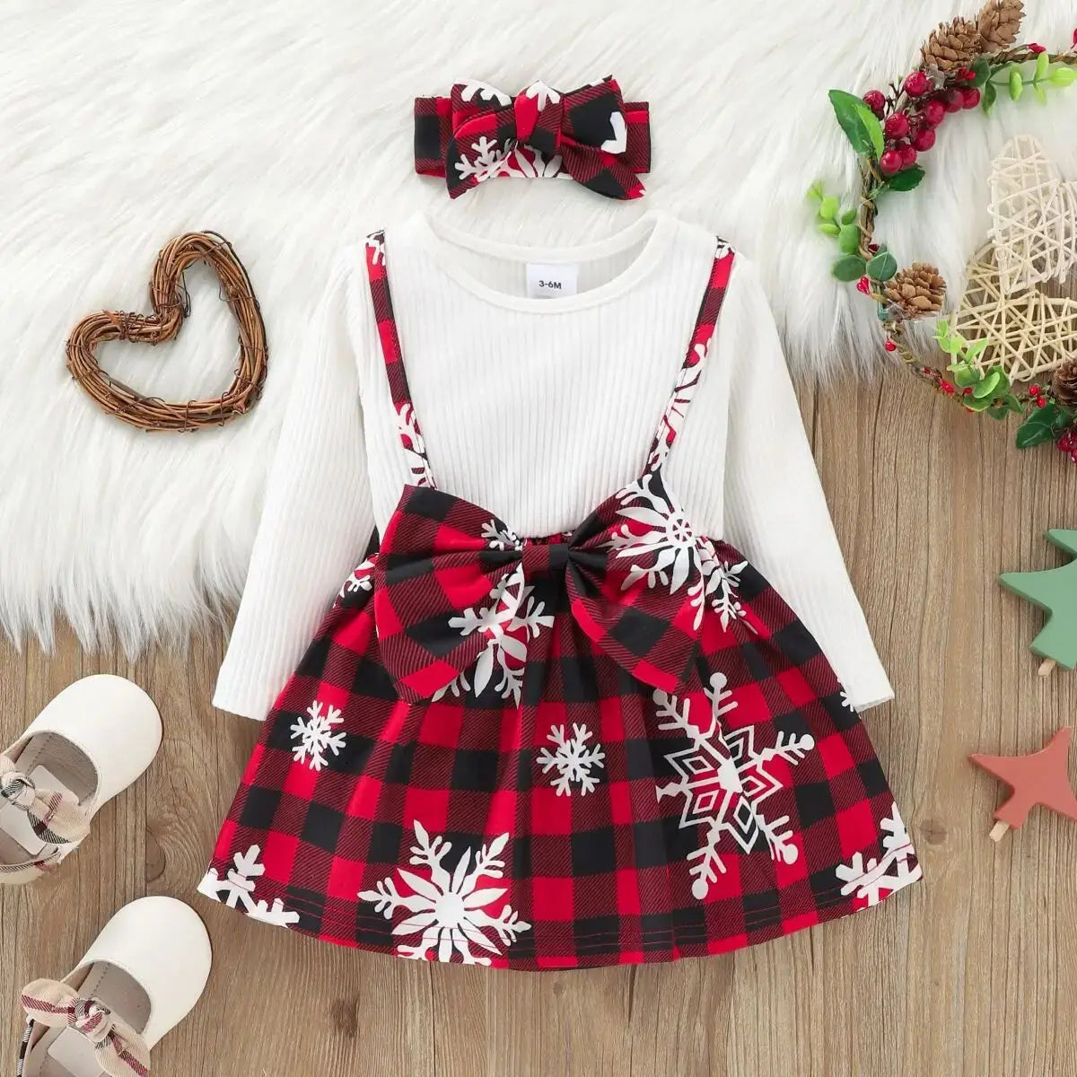 Snowflake Print Two-Piece Bow Baby Girl Dress