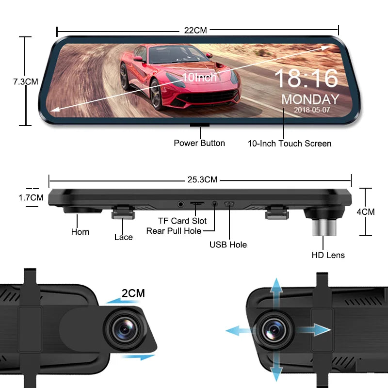 Touch Screen Mirror Dash Cam with Front & Rear Camera