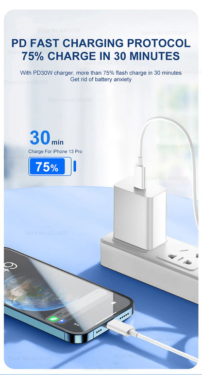 Chargeur rapide PD 30 W : câble USB d'origine Apple pour iPhone 14 à 11 Pro Max