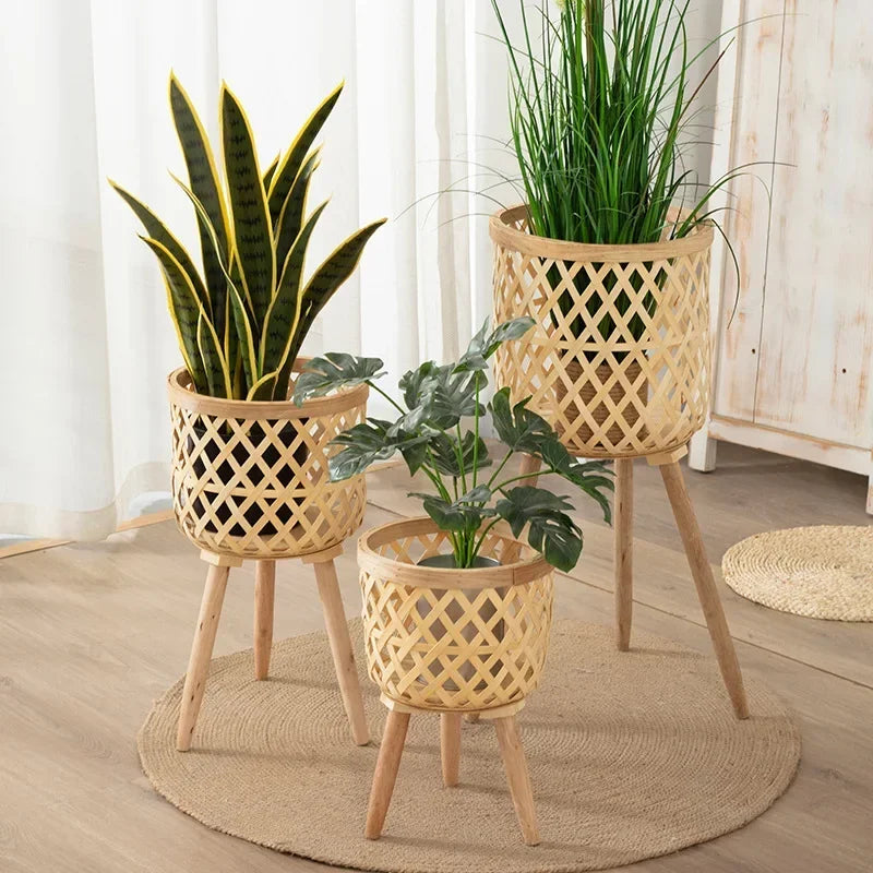 Bamboo Plant Stand with Handwoven Flower Pot