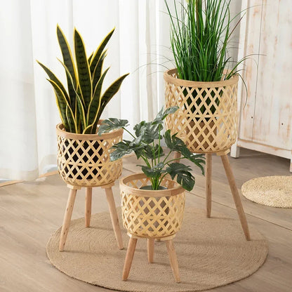 Bamboo Plant Stand with Handwoven Flower Pot
