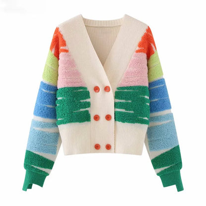 Cardigan pull en tricot rayé arc-en-ciel pour femme