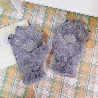 Women's Plush Bear Paw Gloves - Fluffy Warm Full-Finger Animal Mittens