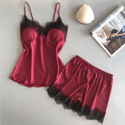 Women's Halter Pajamas 2-Piece Camisole Shorts Sexy Lace Breathable Comfort Wear