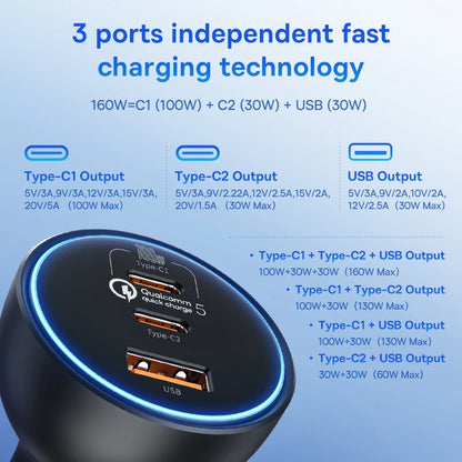 160W Car Charger  QC 5.0 Fast PD3.0 Charging USB Type C