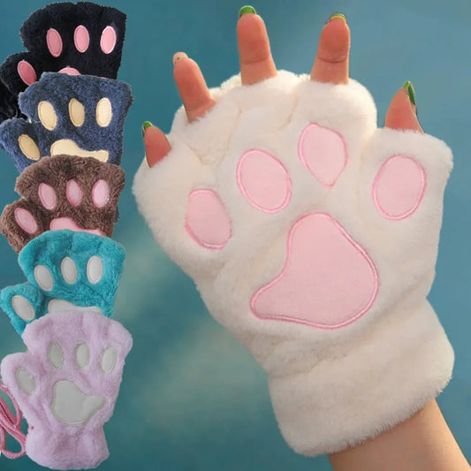 Cute Cat Paw Fingerless Plush Gloves - Warm & Fluffy