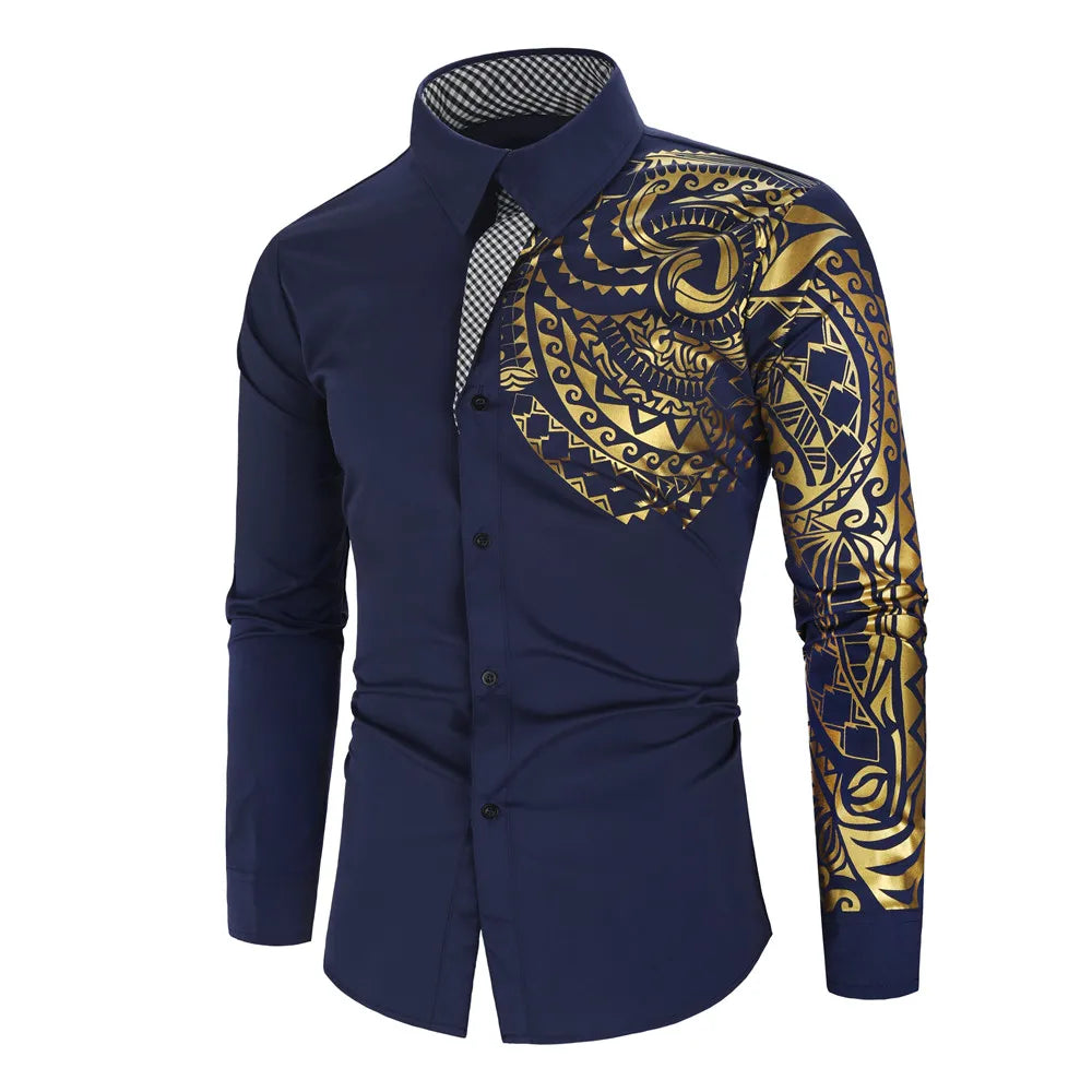 Men's High-Quality Gold Print Long Sleeve Business Dress Shirt