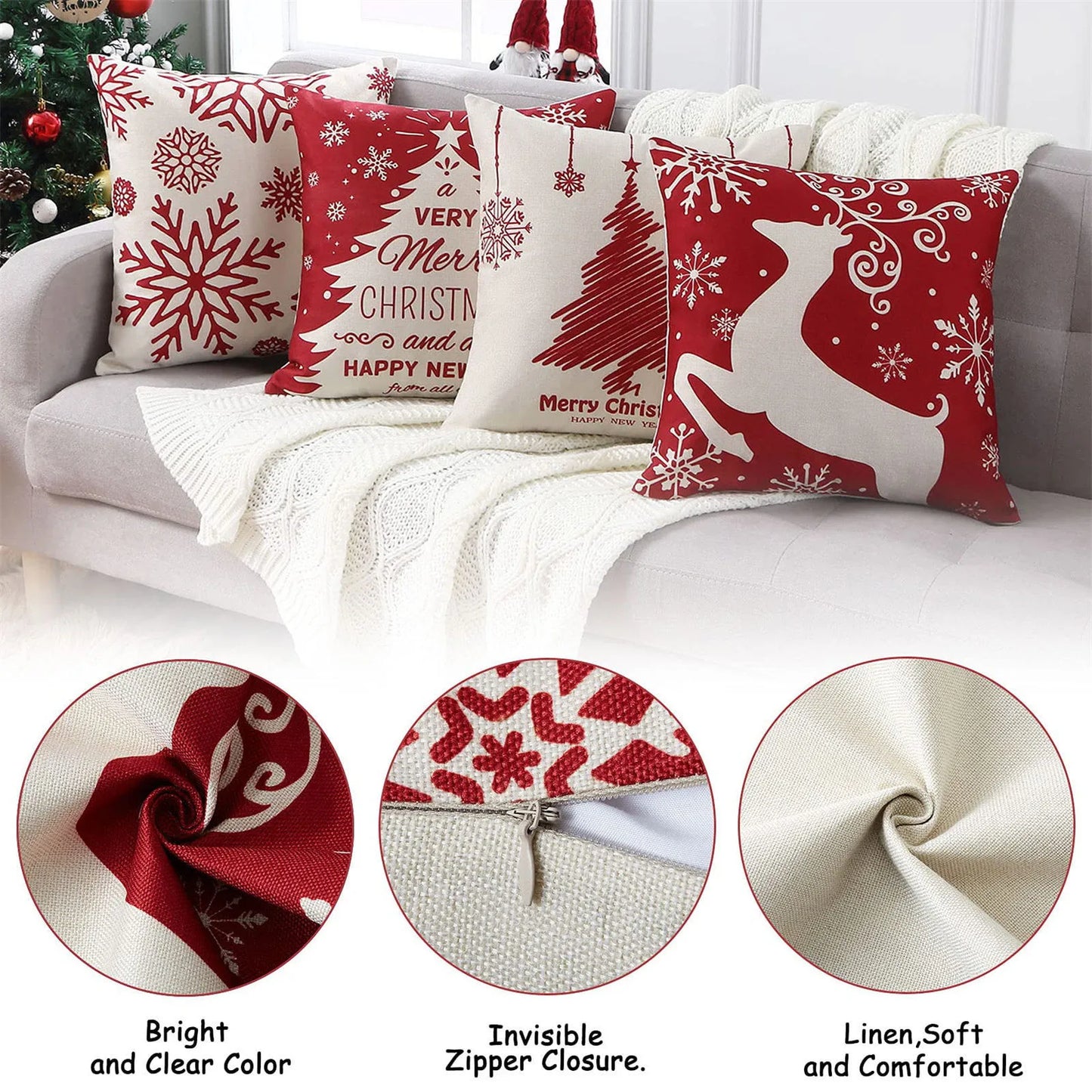 Set of 4 Christmas Pillow Covers for Sofa Decor