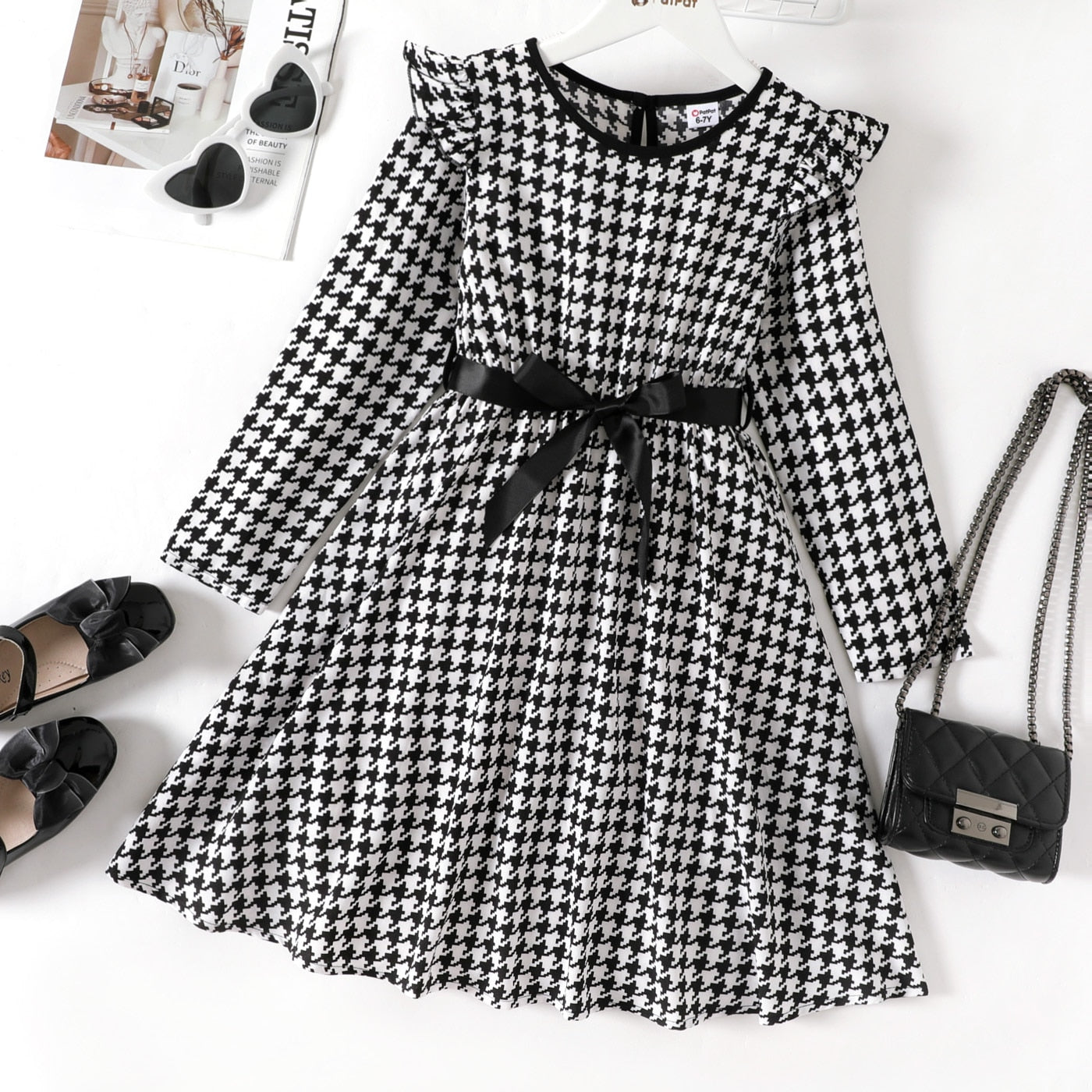 Houndstooth Ruffle Belted Dress