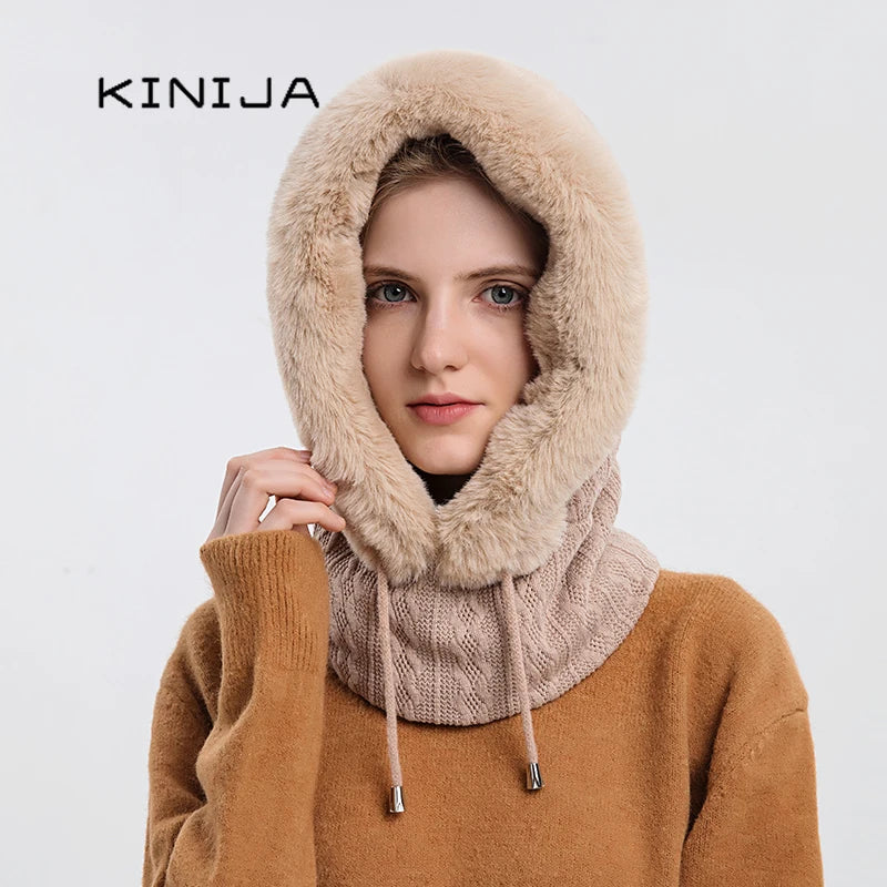 Women's Winter Fur Cap & Mask Set - Knitted Cashmere Balaclava