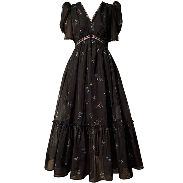 Elegant Black Floral Midi Dress - 2023 Summer
