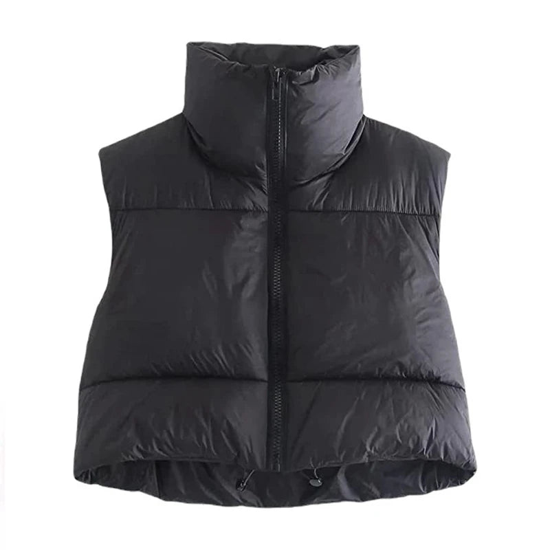 Women's Short Quilted Cotton Down Vest - Warm Stand-Up Collar Sleeveless Jacket