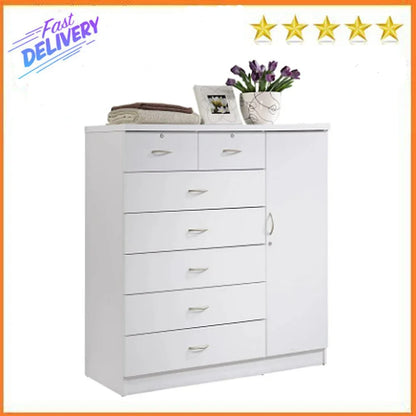 Hodedah 7-Drawer Dresser with Side Cabinet equipped with 3-Shelves, White