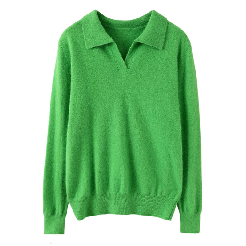 Pulls polo tricotés à manches longues en pur vison et cachemire pour femmes