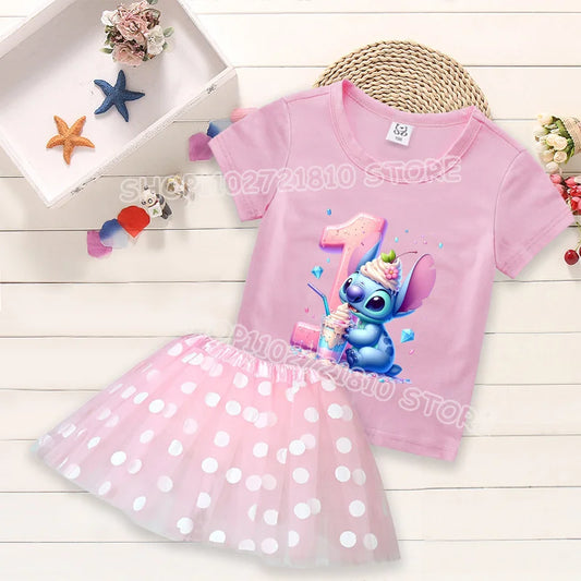 Kid's 2 Pcs Cartoon Number Print Round Neck T-shirt Dress