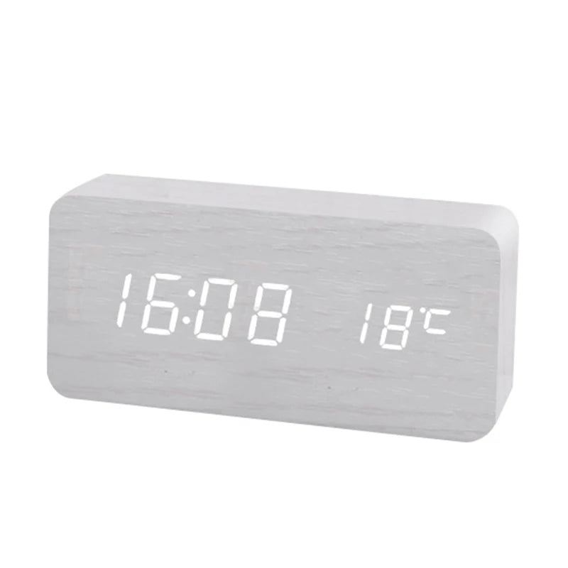 Voice Control Wooden LED Alarm Clock - USB/AAA Powered