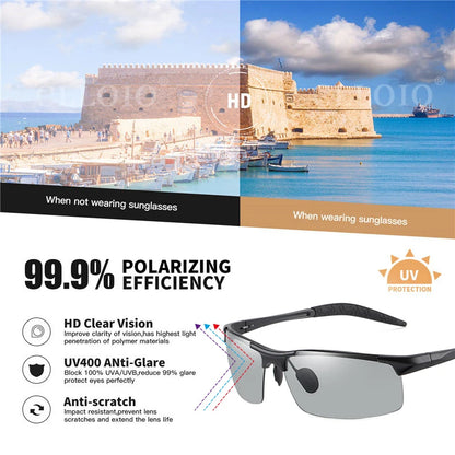 Lunettes de soleil polarisées photochromiques en aluminium pour hommes, lunettes de jour et de nuit antireflets UV caméléon