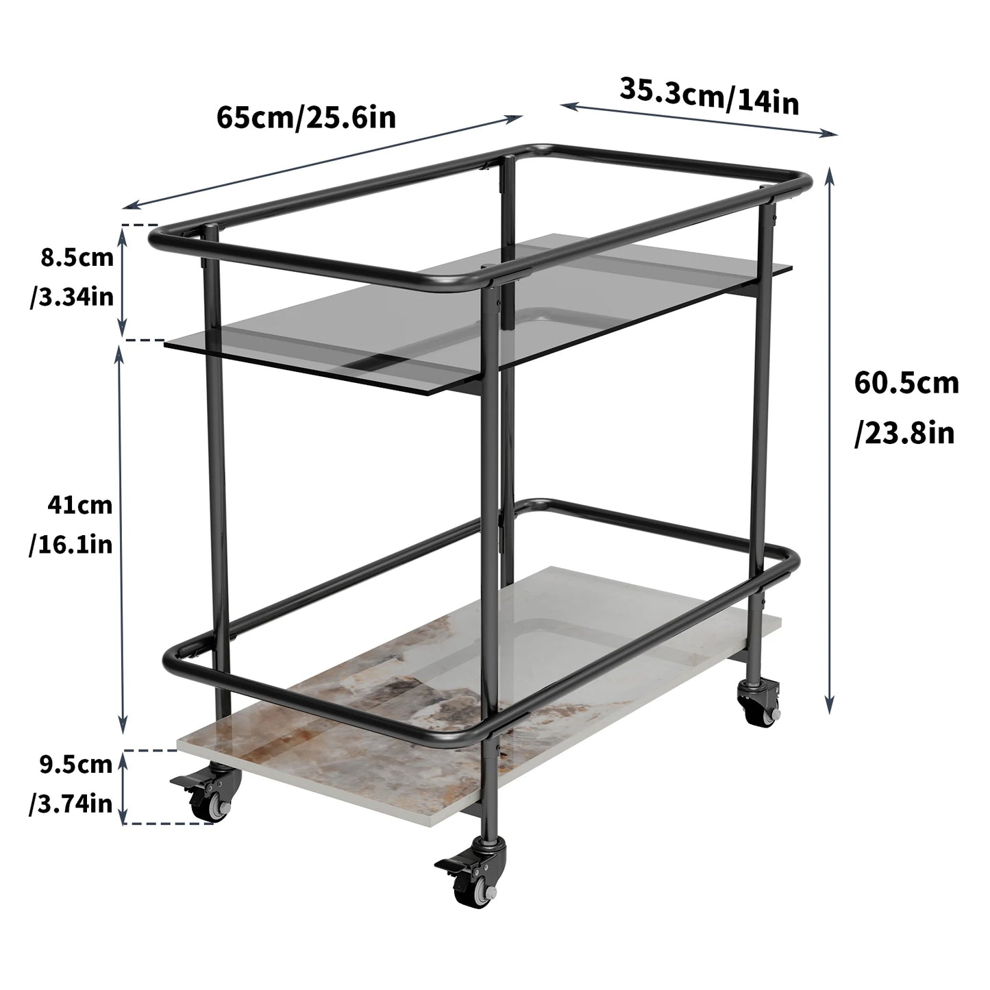 2-Tier Rolling Bar Cart & Lockable Wheels