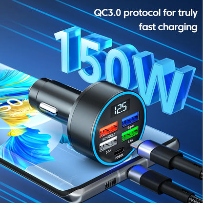 150W 5-Port Car Charger - Super Fast Charging PD QC3.0 USB C