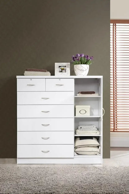 Hodedah 7-Drawer Dresser with Side Cabinet equipped with 3-Shelves, White