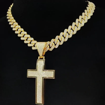 Collier pendentif croix brillante pour hommes et femmes avec chaîne cubaine