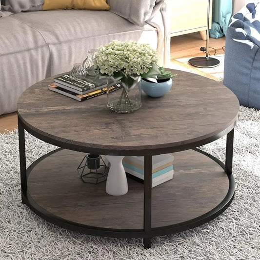 Table basse ronde avec canapé en bois à rangement ouvert 