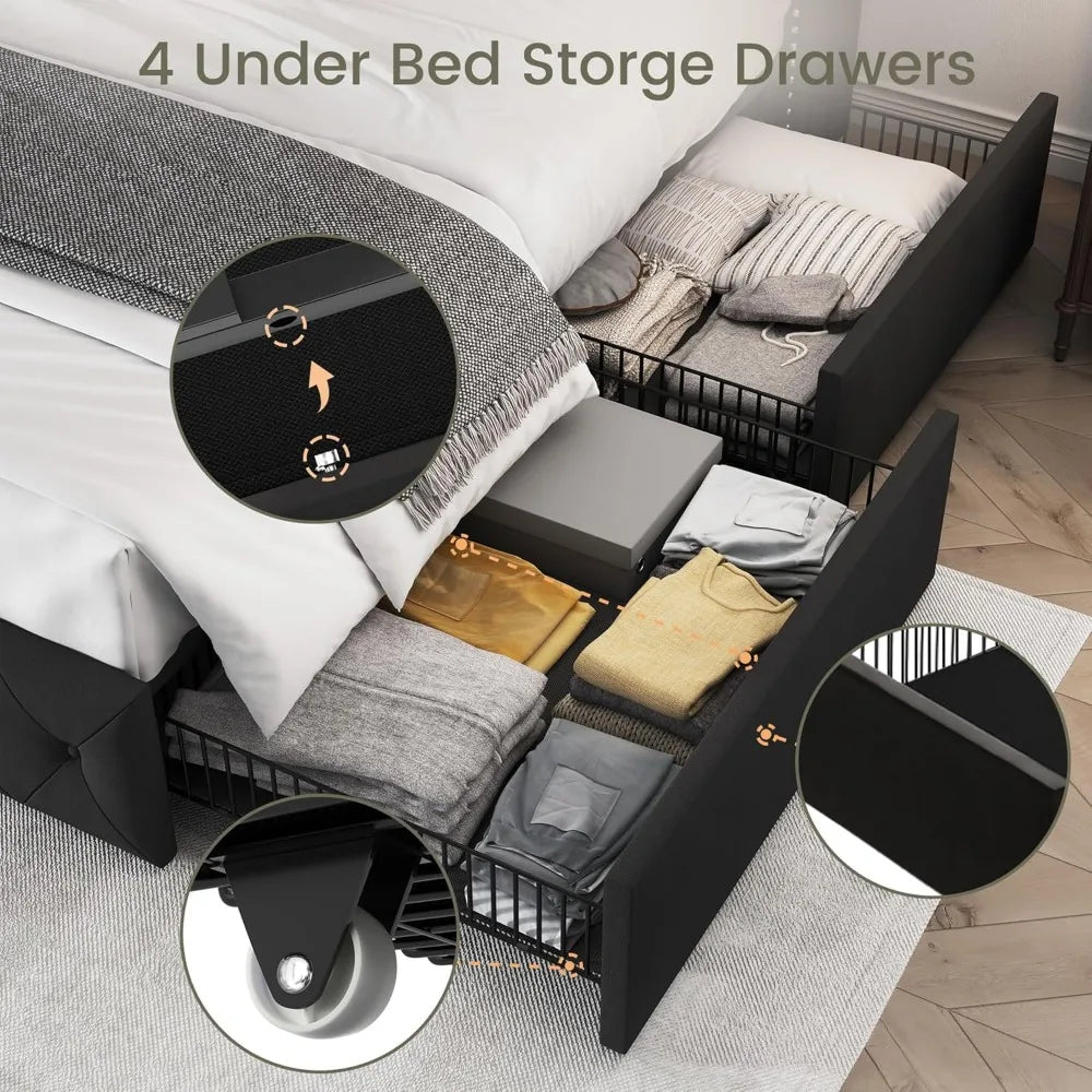 Queen Bed Frame with 4 Storage Drawers and Adjustable Headboard Upholstered Platform Bed