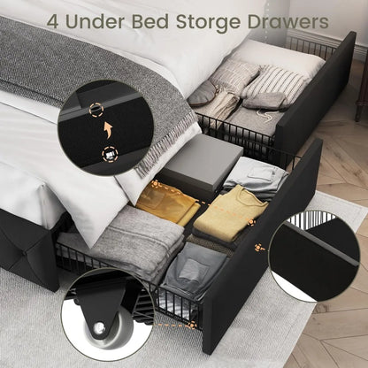 Queen Bed Frame with 4 Storage Drawers and Adjustable Headboard Upholstered Platform Bed