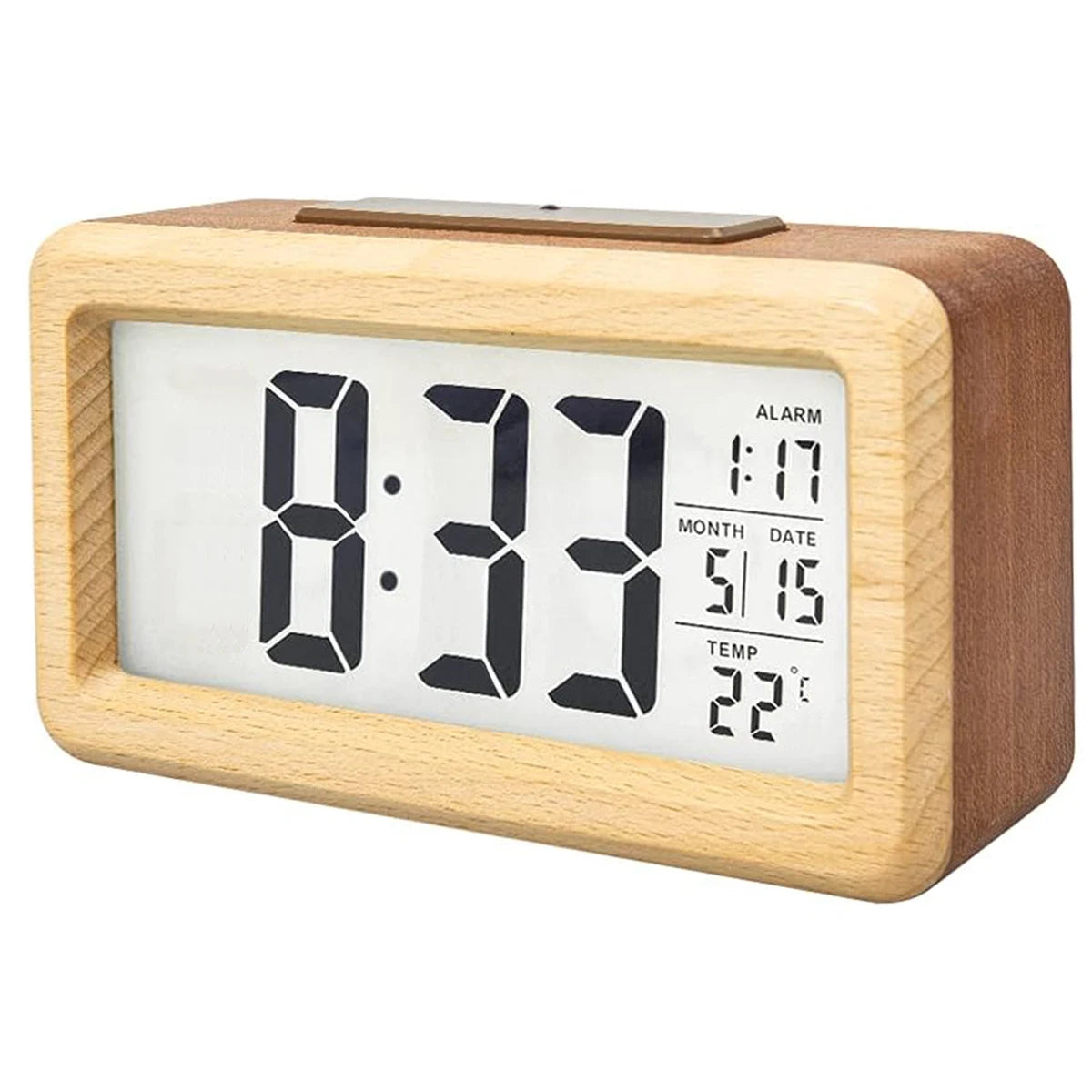 Wooden Alarm Clock with Calendar & Temperature Display