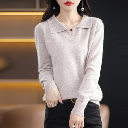 Pulls polo tricotés à manches longues en pur vison et cachemire pour femmes