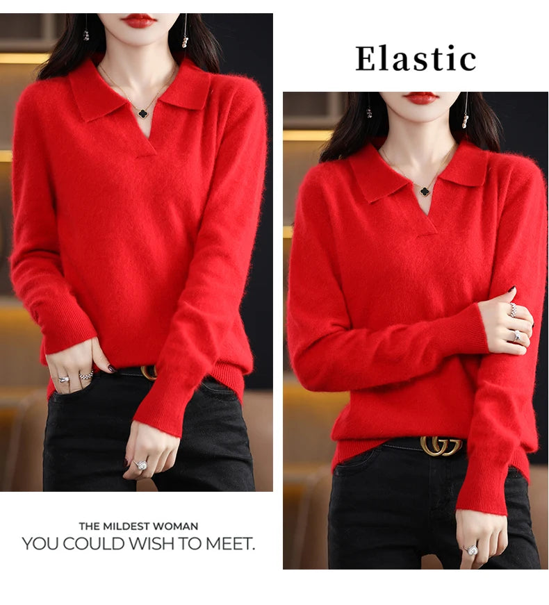 Pulls polo tricotés à manches longues en pur vison et cachemire pour femmes