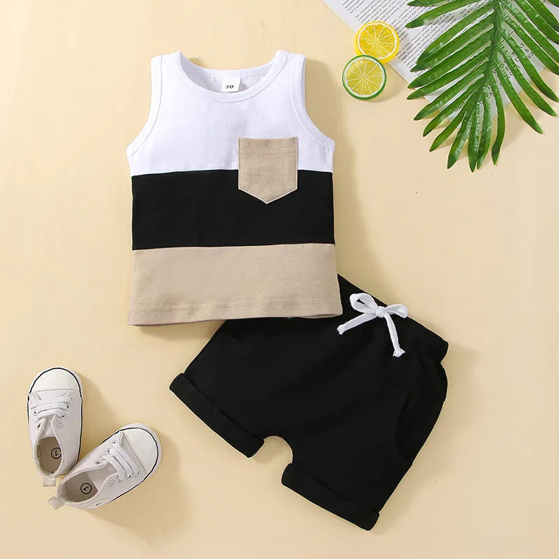 Patchwork Sleeveless Vest Top & Shorts Set for Toddler Boys