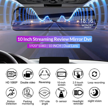 Touch Screen Mirror Dash Cam with Front & Rear Camera