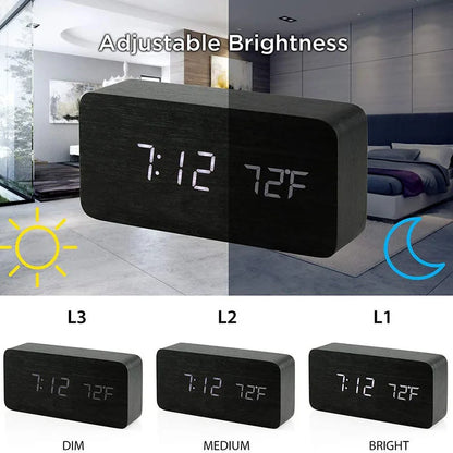 Voice Control Wooden LED Alarm Clock - USB/AAA Powered