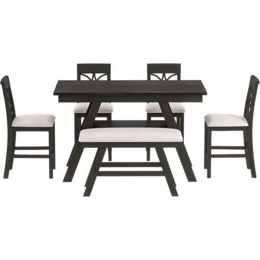 Table en bois massif et 5 chaises en tissu